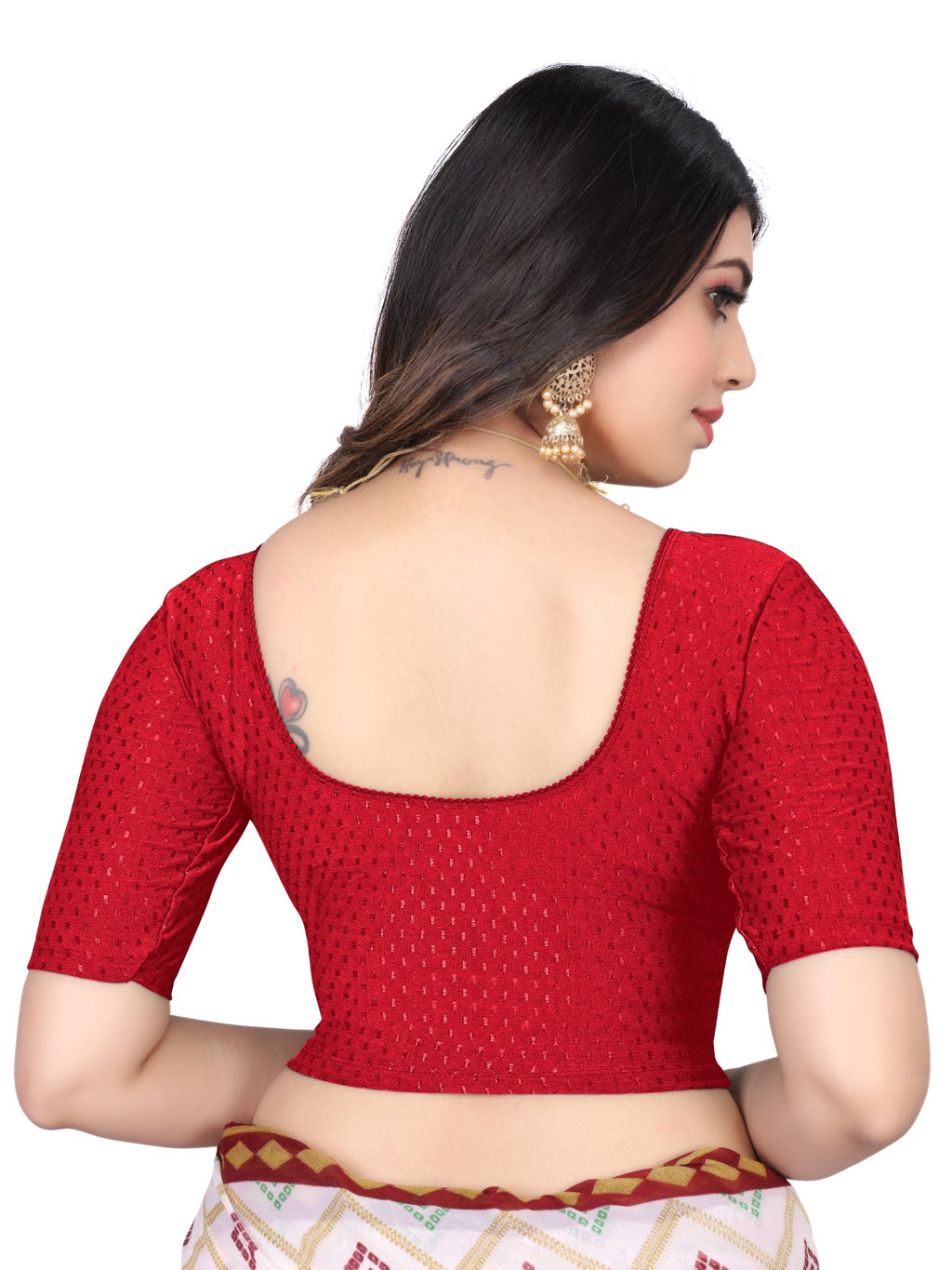 NIJER FASHION Women's Readymade Stretchable Textured Saree Blouse | Round Neck, Half Sleeve & Deep U Back