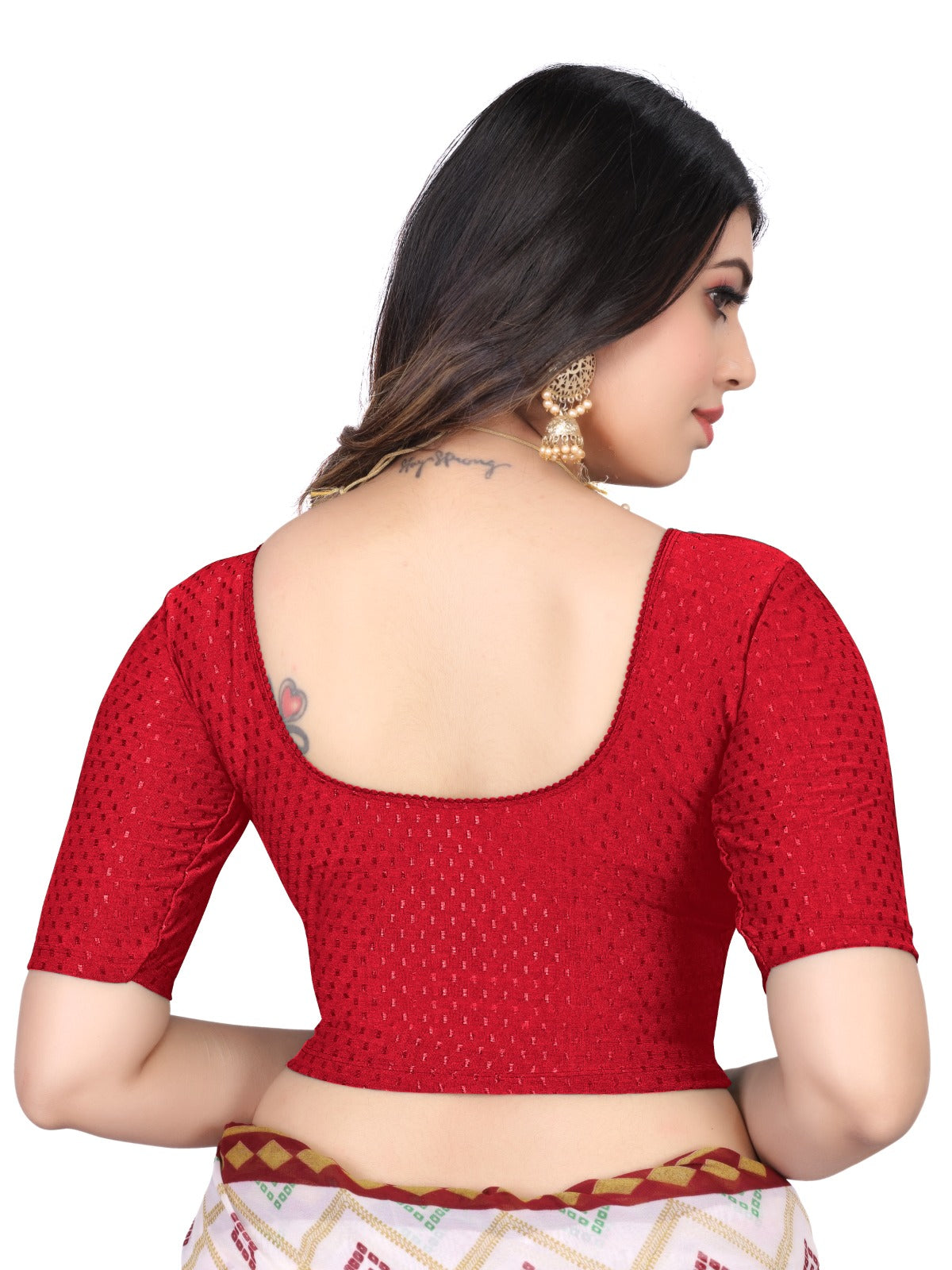 NIJER FASHION Women's Readymade Stretchable Textured Saree Blouse | Round Neck, Half Sleeve & Deep U Back