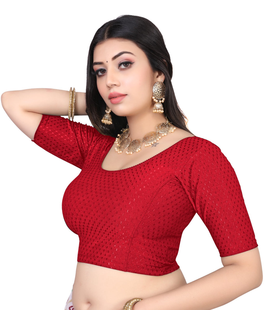 NIJER FASHION Women's Readymade Stretchable Textured Saree Blouse | Round Neck, Half Sleeve & Deep U Back
