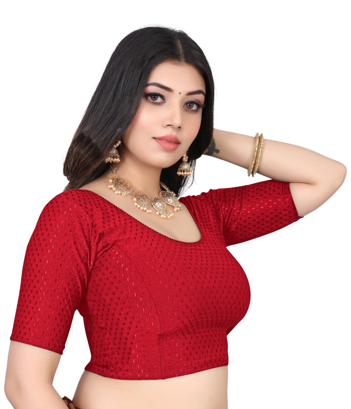 NIJER FASHION Women's Readymade Stretchable Textured Saree Blouse | Round Neck, Half Sleeve & Deep U Back
